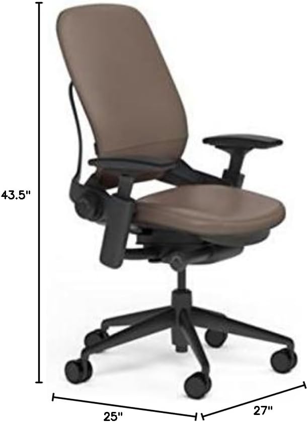 Steelcase Leap Desk Chair Rocky Leather Seat and Back - Highly Adjustable Arms - Black Frame and Base - Soft Dual Wheel Hard Floor Casters