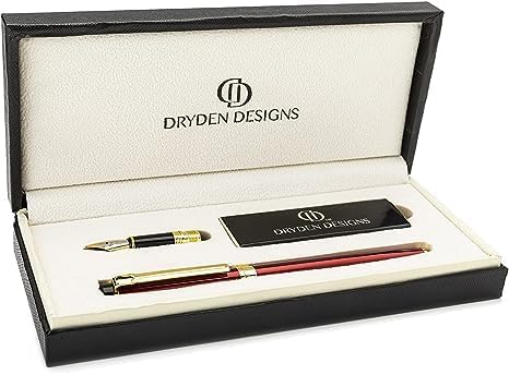 Dryden Designs Fountain Pen - Medium and Fine Nibs | Includes Luxury Box, Ink Cartridges - 3 Black 3 Blue and Ink Refill Converter - Royal Red