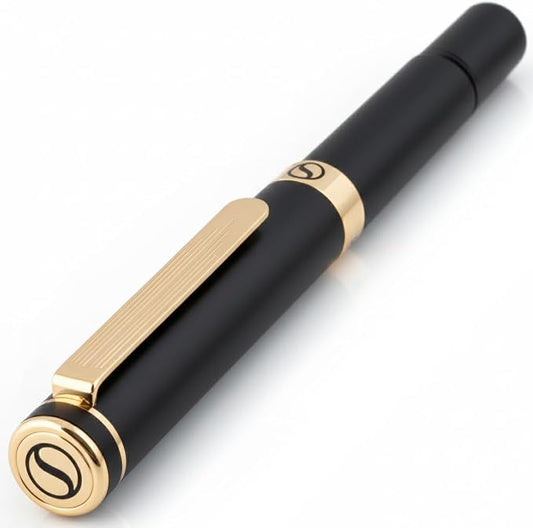 Scriveiner Black Rollerball EDC Luxury Pen, Stunning Pocket Roller ball with Real Gold Finish, Great Gift for Men & Women with German Schmidt Refill, Nice Present, Fancy Office Designer Pen