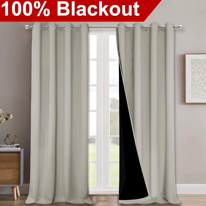 NICETOWN 100% Blackout Blinds, Set of 2, 46" x 96", Natural, Laundry Room Decor Window Treatment Curtains for Large Patio Sliding Door, Thermal Insulated Curtains for Bedroom