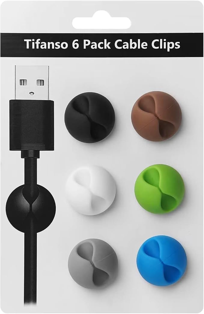 tifanso 6PCS Colorful Adhesive Cable Clips for Home Office Wire Management | Self-Adhesive, No Drill Easy Install, Ideal for Desk Nightstand & More, Secure Cord Holders, Keep Wires Neat & Organized