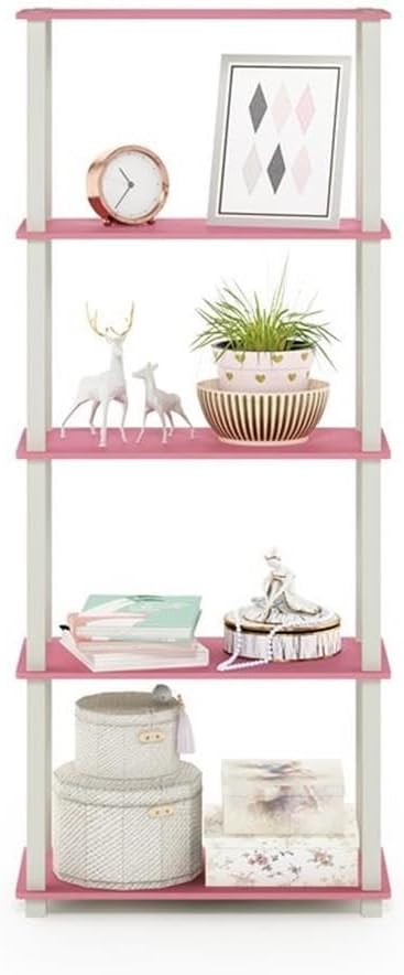 Furinno Turn-N-Tube 5-Tier Multipurpose Shelf / Display Rack / Storage Shelf / Bookshelf, Square Tubes, Pink/White