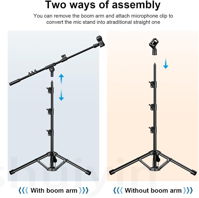 Microphone Stand, Tripod Boom Arm Floor Mic Stand Height Adjustable Heavy Duty for Singing Podcast for Blue Yeti Shure SM58 SM48 Samson Q2U