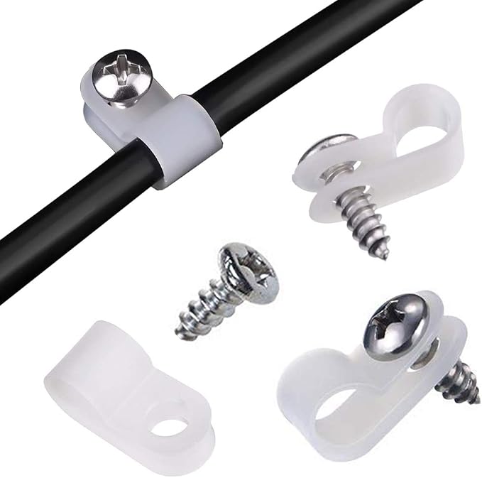 VIPMOON 100Pcs 1/2 Inch R-Type Cable Clamps, Nylon Plastic Cable Clips with Screws, Mounting Cord Fasteners for Electrical Wire Clamps Management, White