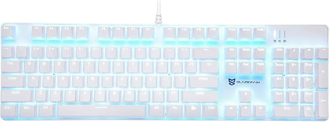 Merdia 104 Keys Full Size Mechanical PC Gaming Keyboard | Brown Switch Hot Swappable White Mechanical Wired Computer Keyboards | Ice Blue LED Backlit 104 Keys US Layout Light Up Wired Gaming Keyboard