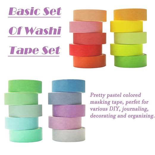 20 Rolls Washi Tape Set, Rainbow Washi Tape Colorful Masking Tape 15mm Wide, Decorative Tape for Bullet Journal, Book, Planner, Scrapbooking, DIY Arts Crafts