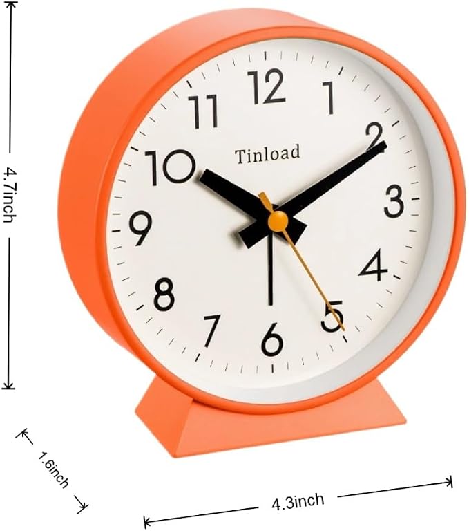 Tinload 4.5" Battery Operated Antique Retro Analog Alarm Clock, Small Silent Bedside Desk Clock, Lighted on Demand, Battery Operated, Snooze, for Living Room, Bedroom, Bedside, Desk(Orange)