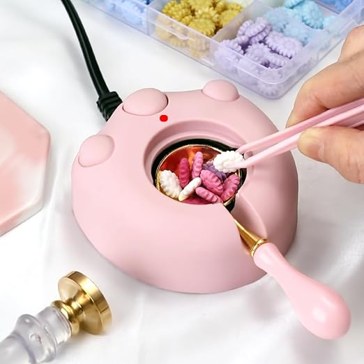 Dual-Spout Electric Wax Seal Warmer Pink with Spoon Tweezers Stirring for Melting Wax Sealing Beads
