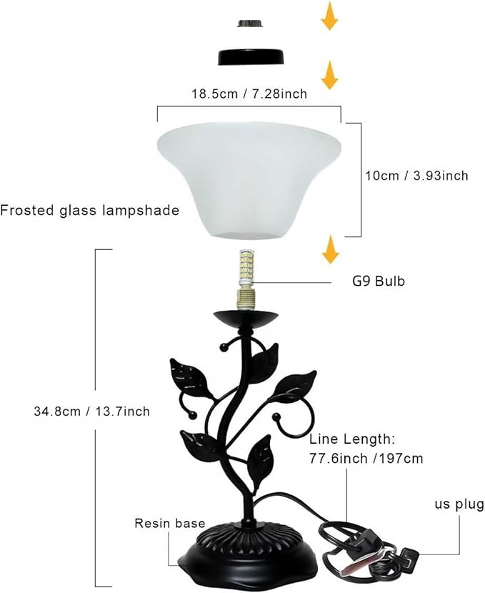 Vintage Table Lamp, Metal Leaf Black Base Decor Lamp, 7.28×7.28×14.29 inch LED Floral Desk Light, With frosted Glass Shade, One-Button Switch for Bedroom, Living Room, Nightstand, LED Bulb Included