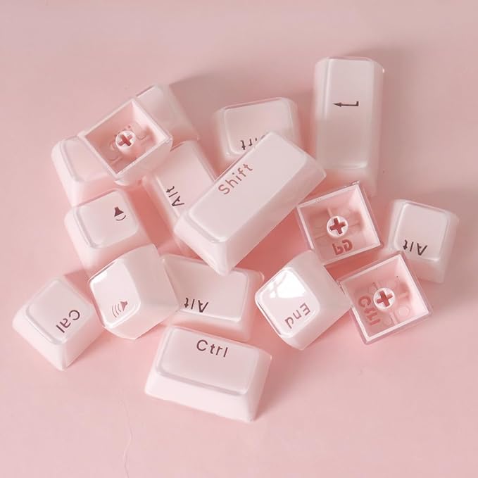 Tsungup Crystal Jelly Pink Keycaps, MDA Profile-Clear Translucent Jade Keycaps,130 Keys Shine Through Custom Key Caps Keyboard Keycap Set for 60%,65%,75%,100% Cherry MX Keyboard Mechanical