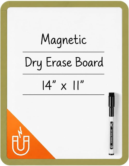 Mr. Pen- Dry Erase Board, 14” x 11” with a Black Dry Erase Marker | Olive Green Frame, Small Mini White Board for Students, Fridge, Wall, Locker, Includes Double Sided Tapes