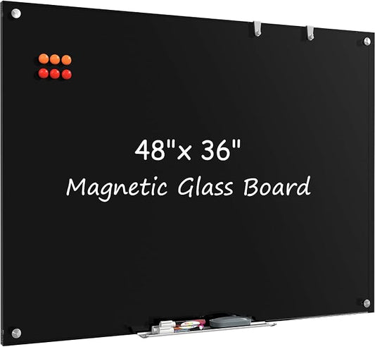MaxGear Glass Whiteboard Tempered Magnetic Dry Erase Board 48x36 Inch Black | Magnetic Steel,Frameless Design,Smooth Writing,Ghost Free,Wall Mounted,Accessory Kits,Office Classroom Conference Room Use