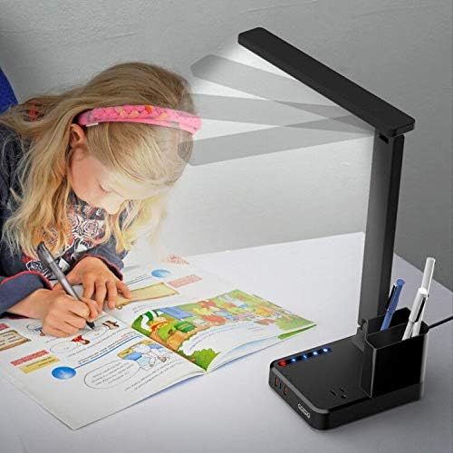 cozoo LED Desk Lamp for Dorm with USB Charging Ports and AC Outlets, Modern Dimmable Eye Cariing Desk Light for Home Office with Pen Holder, Kids Small Table Lamp for Reading, Bedroom, Study, Craft