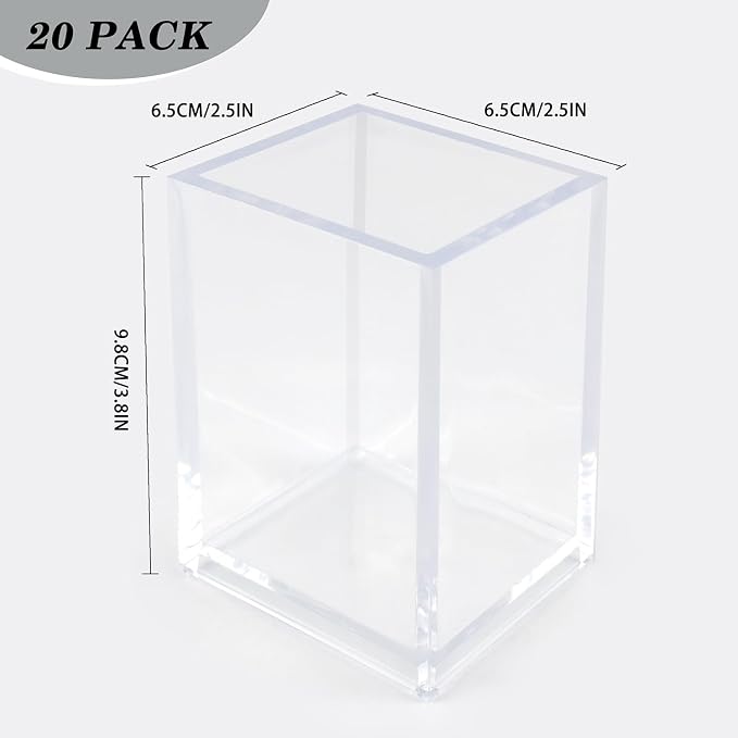 20 Pack Clear Acrylic Pen Holders For Desk, Pencil Cup Makeup Brush Holders | Square Acrylic Pen Cups For Pens, Markers And Makeup Brushes; Desktop Organizer For Office, School, Home And Vanity Supplies