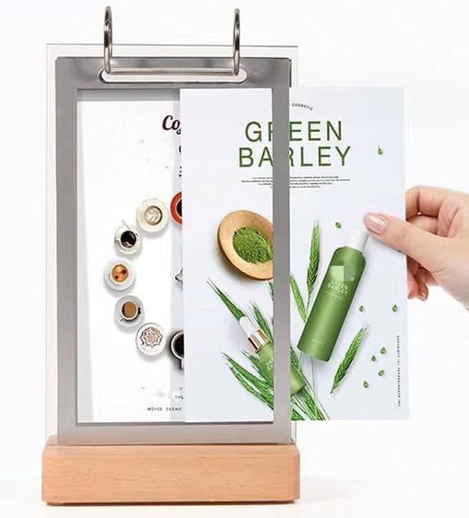 Clear Acrylic Sign Holder,Frames Desktop Double Display Holder Wood T Type Menu Holders Flip Display 6 Pages-12 Sides Picture Paper Card Store Office Menu Retail Show Fair -Vertical (4x6 inch)