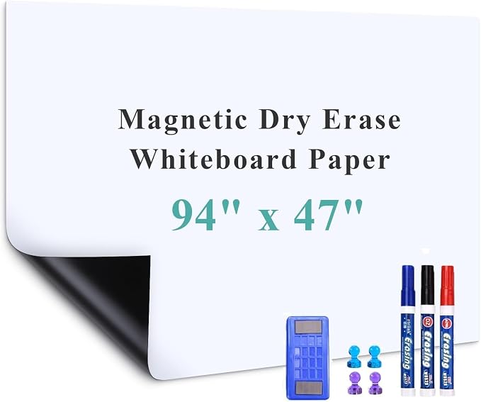 Huge Self-Adhesive Whiteboard Sticker: 94" x 47" Magnet Receptive Dry Erase Wall Film | No Ghosting Full Wall Covering & Blackboard Resurfacing | Peel & Stick Giant Decal