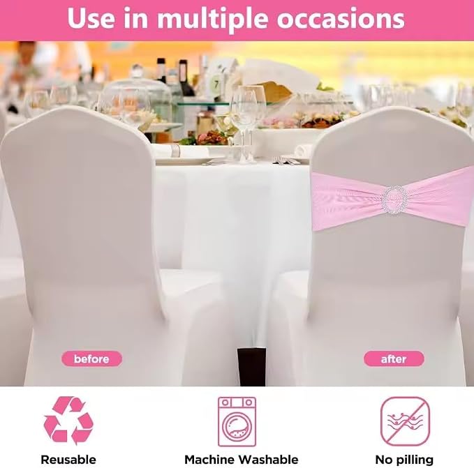 Tvoip 10PCS Chair Cover Stretch Band with Buckle Slider Sashes Bow Wedding Banquet Chair Decoration (Pink)