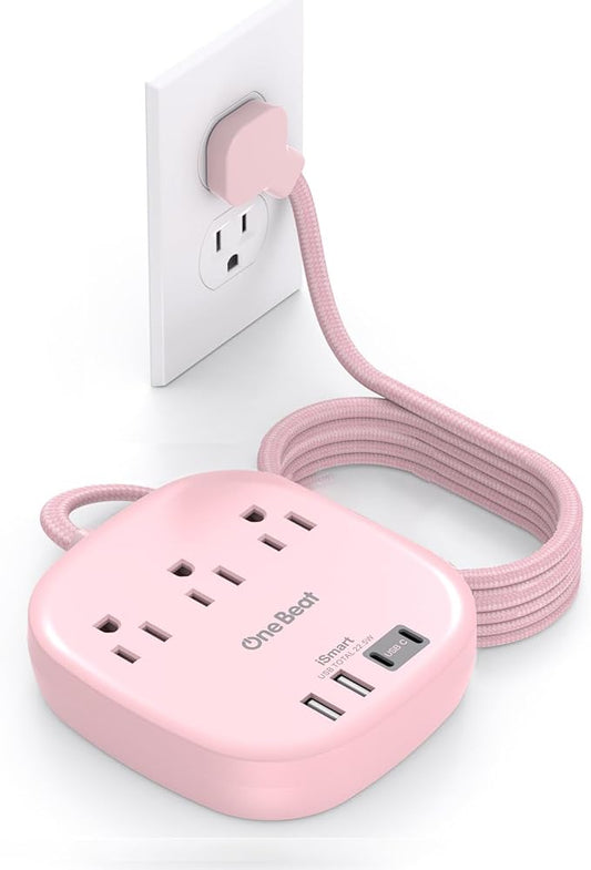 10Ft Flat Plug Power Strip, Pink Flat Extension Cord - 3 Outlets 4 USB Ports (2 USB C) Desktop Charging Station, Cruise Ship Power Strip with No Surge Protection for Travel, Dorm Room Essentials