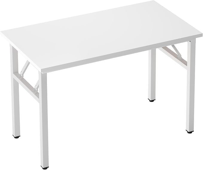 SogesHome Small Foldable Desk for Home Office, 39 Inch Compact Computer Table with Adjustable Leg Pads, No Assembly Needed Folding Writing Conference Desk Gaming Table for Small Spaces, White
