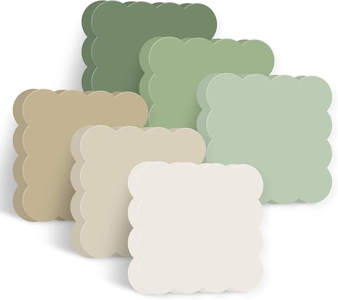 JarThenaAMCS 18 Pack Scalloped Sticky Notes Sage Green Beige Wavy Edge Memo Pads 3 Inch Self-Adhesive Notepads for School Office Home Accessories Party Decor Supplies, 360 Sheets