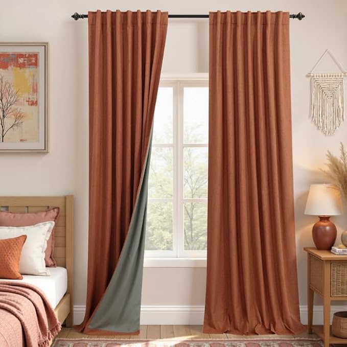 KOUFALL Rust Linen Curtains 108 Inches Long for Living Room Bedroom, 9ft Tall Extra Long Boho Room Darkening Blackout Curtain Window Drapes for Patio High Ceiling Balcony Set 2 Panels,Terracotta