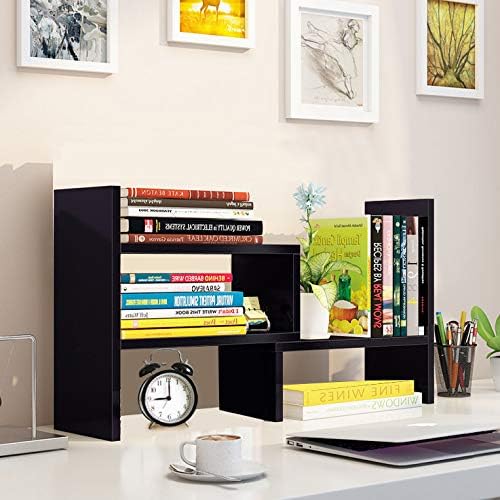 Hossejoy Desk Shelf, Adjustable Desktop Storage Organizer, Wood Display Shelf Rack, Office Supplies Desk Organizer, Black