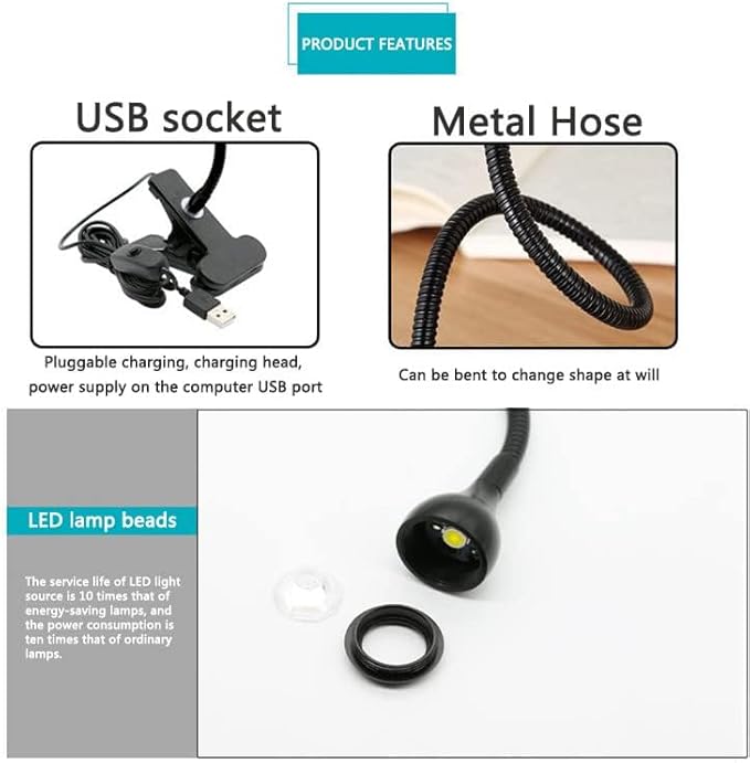 LED Desk Lamp Clip On Light,360°Flexible Gooseneck and Clamp Reading Light,Portable USB Powered Task Light with Clamp,Night Light Clip on for Desk, Bed Headboard and Computers Black