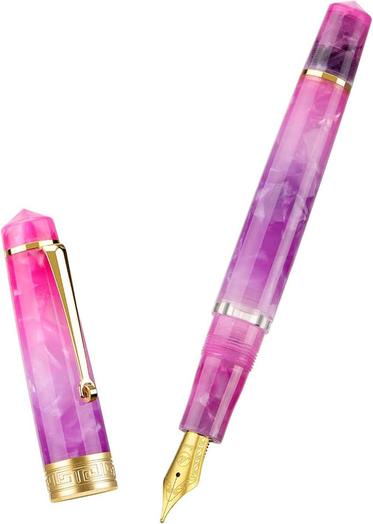 Asvine P20 Piston Fountain Pen Gradual Purple Resin, Iridium Medium Nib Gold Trim Smooth Writer Collection with Case Set