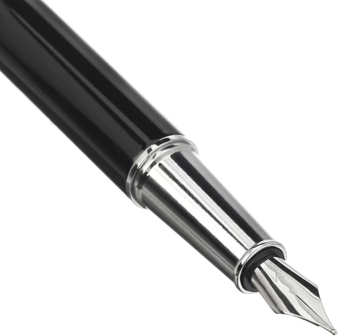 Amazon Basics Refillable Fountain Pen with Smooth Writing, Medium Point, Black Metal Barrel, Black Ink, 2 Replacement Cartridges