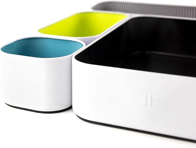 Three by Three Seattle Metal Drawer Organizer Tray Set, 6-Pc, 2" (Assorted) | Deep 2" food-safe colorful metal bins; soft non-scratch base; kitchen, vanity, bathroom & office drawer storage