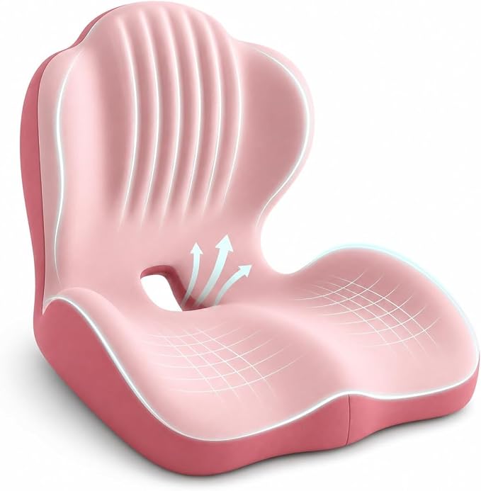 Saker Ergonomic Memory Foam Seat Cushion with Back Support, 2-in-1 Coccyx Cutout Chair Pad for Office, Car, Gaming Chair and Wheelchair, Contoured Lumbar Support for Long Sitting，Pink