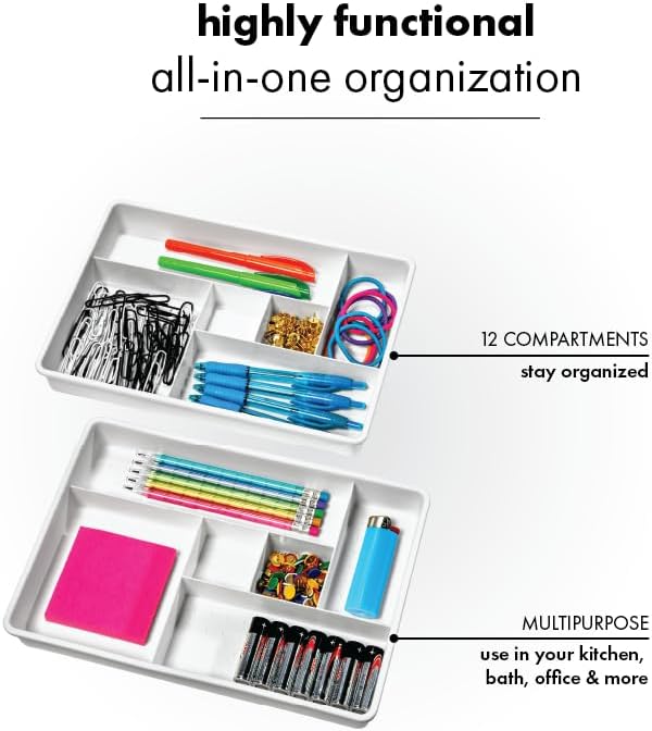 madesmart Plastic 6-Compartment Drawer Organizer Gadget Trays, Multipurpose Storage Bins for Drawers, White Set of 2 (Pack of 6)