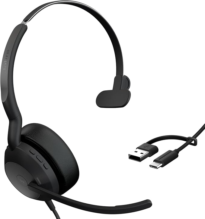 Jabra Evolve2 50 Wired Single-Ear Headset - Noise Cancelling Headphones, Bluetooth Headset for Work with Noise Cancelling Microphones, Works with Online Meeting Platforms Like Zoom & Google, Black