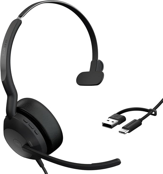 Jabra Evolve2 50 Wired Single-Ear Headset - Noise Cancelling Headphones, Bluetooth Headset for Work with Noise Cancelling Microphones, Works with Online Meeting Platforms Like Zoom & Google, Black
