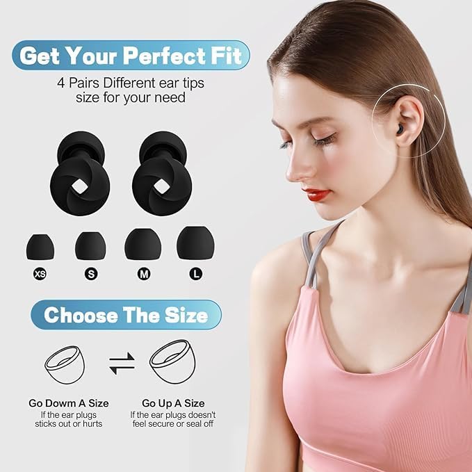 MARLENZ High Fidelity Noise Reduction Earplugs for Sleep & Focus – Soft Reusable Silicone Ear Plugs for Snoring, Concerts, & Sensitivity – 33dB NRR, 4 Sizes (XS/S/M/L) – Black