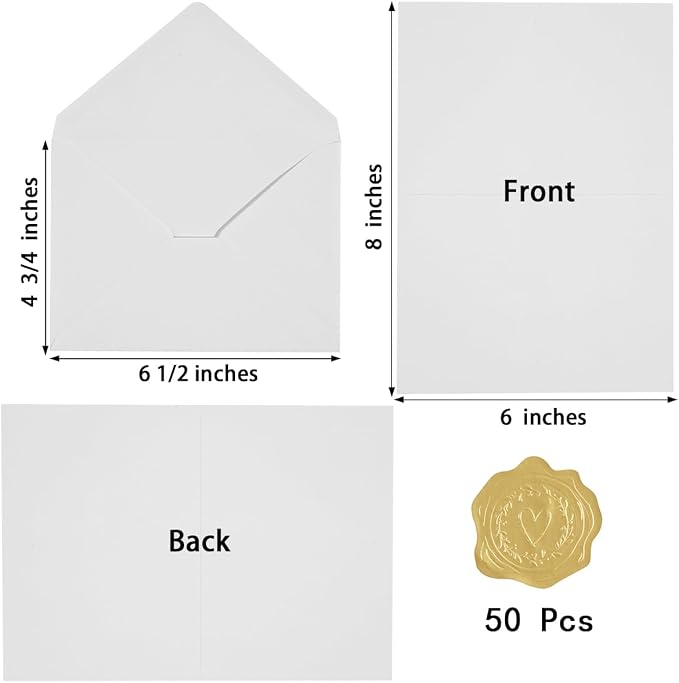 50 Pack White A6 Envelopes with Cards and Gold Stickers, 4x6 | With Thick Folded Cardstock, For Greeting Cards, Wedding, Birthday, Invitations, Baby Showers