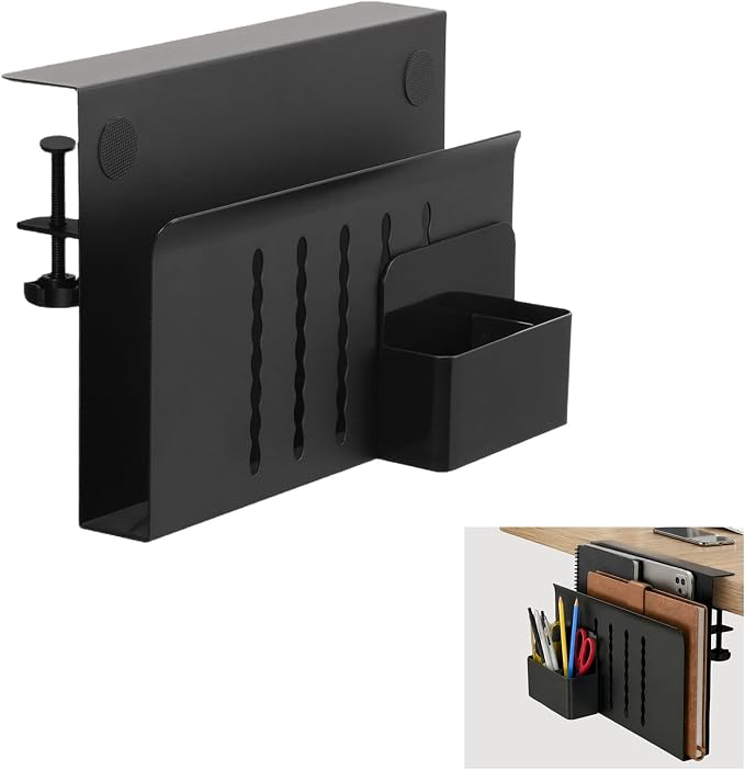 UIN Desk Side Storage, Steel Hanging Desk Organizer with Magnetic Pen Holder, No Drill Laptop Holder, Clamp on Laptop Mount Table Hanging Storage for Office Home, Fits Flat Edge Tables 0.3" to 2.1"