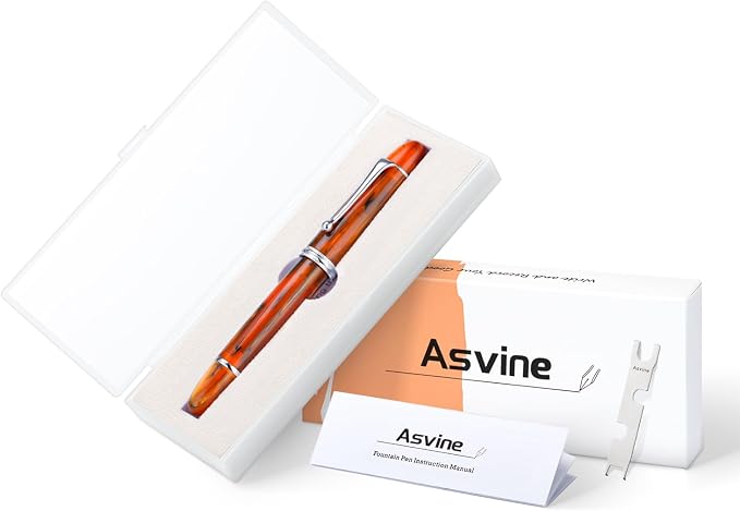 Asvine V800 Fountain Pen -Vacuum Filling System with Large Ink Capacity-Number 8 Stub Nib 1.1mm Calligraphy Art Drawing with Wrench - Amber Acrylic
