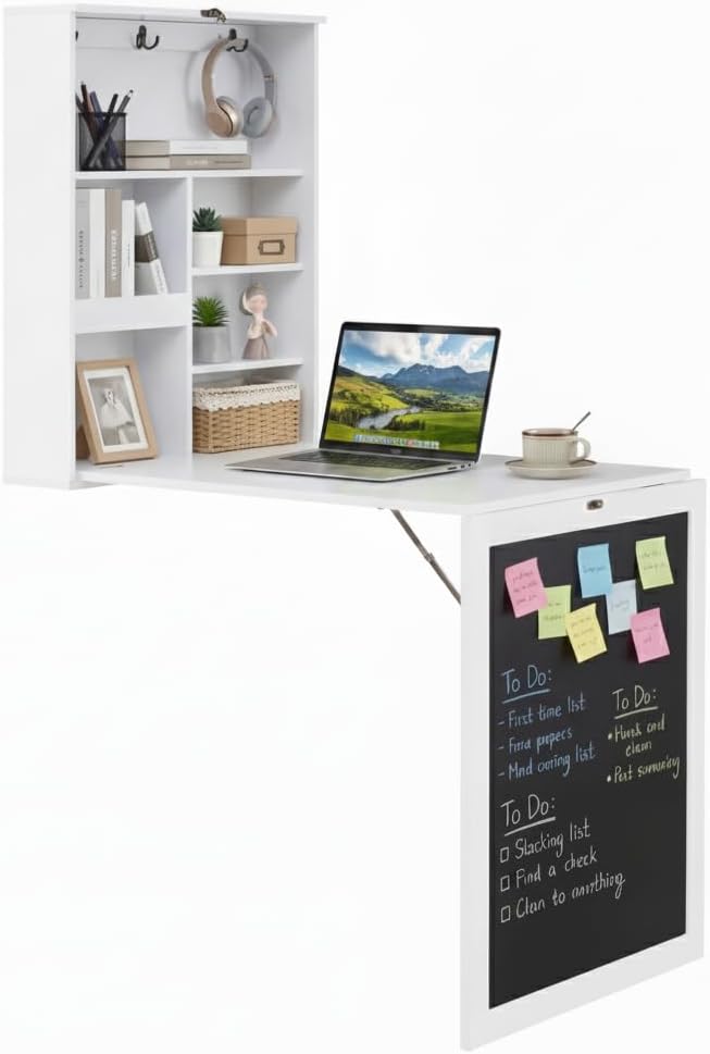 Tangkula Foldable Wall-Mounted Desk, Floating Desk with Chalkboard, Storage Shelves & Hooks, Space-Saving Murphy Table for Home Office, Bedroom, Dorm Room, Small Spaces