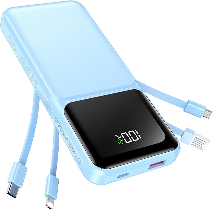 RONEGN Portable Charger with Built in Cable -20000mAh Fast Charging Power Bank USB C Slim 22.5W LED Display Battery Pack 5 Outputs & 3 Inputs for Travel Essentials iPhone Samsung Phones Sky Blue