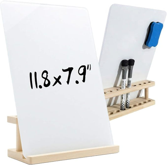 Glass White Board with Stand,Magnetic Mini Dry Erase Board for Desk,Small Desktop Whiteboard with Solid Wood Bracket