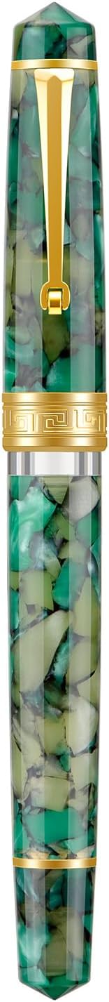Asvine P20 Piston Fountain Pen Green Marble Acrylic, Medium Nib Gold Trim Smooth Writer Collection with Case Set