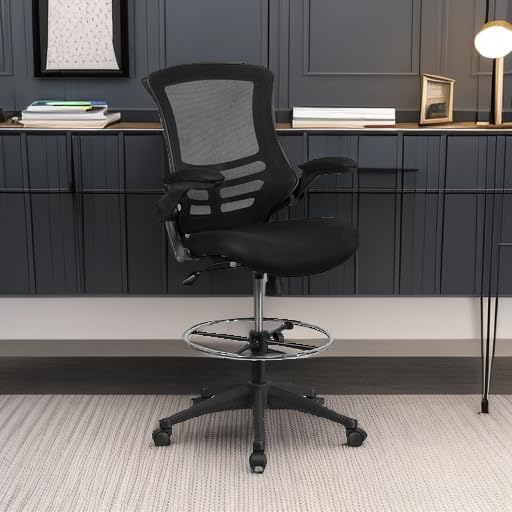 Flash Furniture Kelista Mid-Back Swivel Office Chair with Adjustable Seat Height, Ergonomic Mesh Desk Chair with Flip-Up Armrests, Black | Adjustable Foot Ring, Mid-Back, Flip-Up Arms, Mesh Back