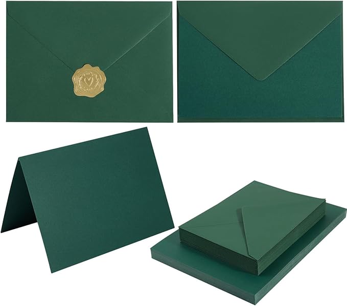 50 Pack Dark Green A7 Envelopes with Cards and Gold Stickers, 5x7 | With Thick Folded Cardstock, For Greeting Cards, Wedding, Birthday, Invitations, Baby Showers