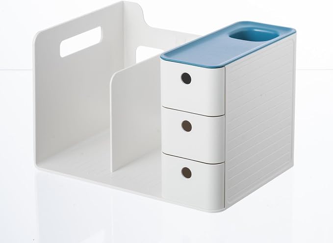 White Plastic Desktop Organizer with File Holder,3-tier Drawers with Pen Holder,Book Stand for Office Supplies and Desk Accessories (White+Blue)