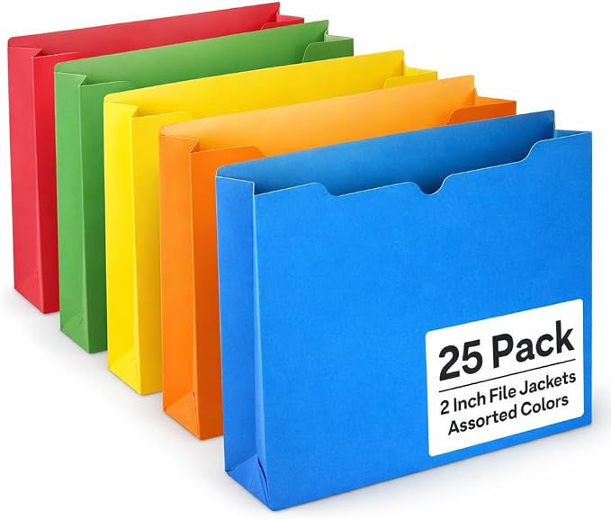Enday 2 Inch File Jackets (25 Pack)- Assorted Colors Expandable File Folders - Straight Cut Tab - Letter Size Jacket Folders for Home & Office, Pocket File Folders in Red, Yellow, Blue, Green & Orange