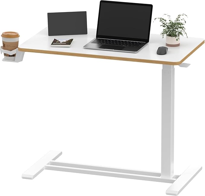 SANODESK 32'' Mobile Standing Desk with Hidden Wheels,Pneumatic Laptop Desk | Computer Cart Movable Height Adjustable Table Small Sit Stand Desk for Home Office Hospital Use,31.5" W x 17.7" D,White Maple