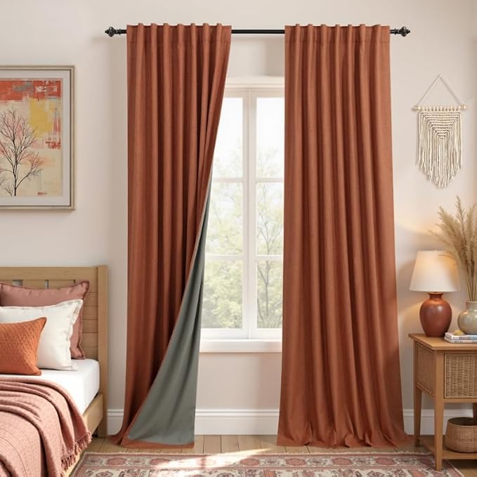 KOUFALL Bohemian Curtains for Living Room,Back Tab Terracotta Boho Farmhouse Linen Blackout Curtain Drapes 90 Inches Long for Bedroom 2 Panels Set,Cool Maximalist Rust Decor