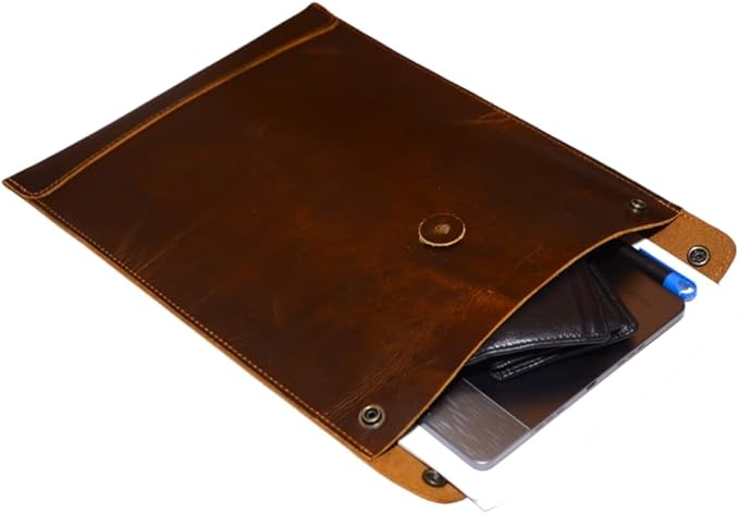 Leather Mailing Envelope Document Holder, Leather Portfolio Binder,A4 Letter Size Filing Folder,Gummed Folder Case Vertical Protector, Office Padfolio, Handmade Desk Accessories (Bourbon Brown)