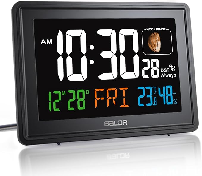 Baldr Digital Alarm Atomic Clock, 7'' Display with Adjustable Brightness | Large Desk Clock Indoor Temperature, Humidity & Moon Phase for Living Room Bedroom, Adapter Powered, Black